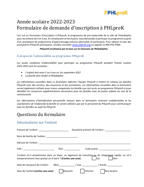 Phlprek Application - City of Philadelphia, Pennsylvania (French) Download Pdf