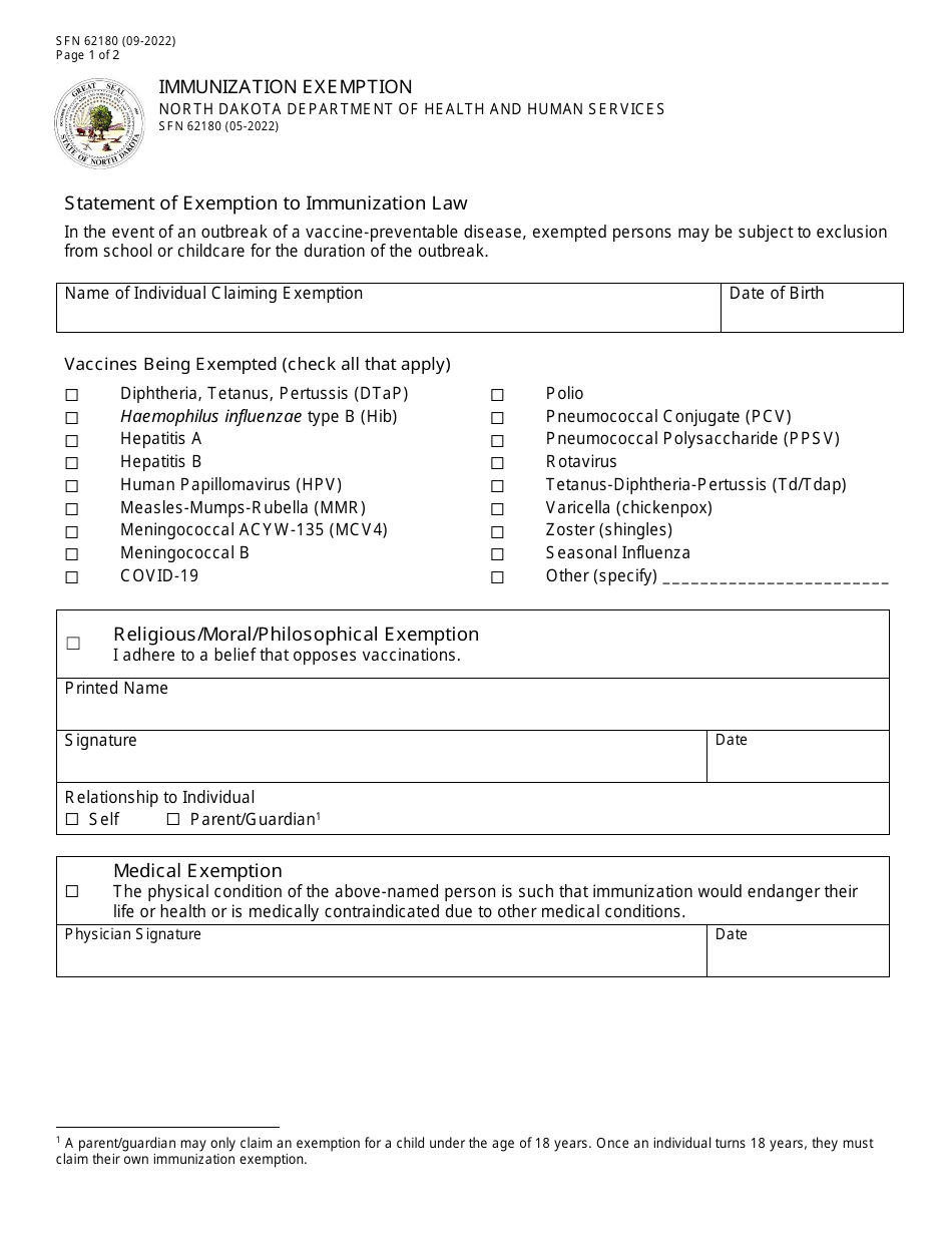 Form SFN62180 Immunization Exemption - North Dakota, Page 1