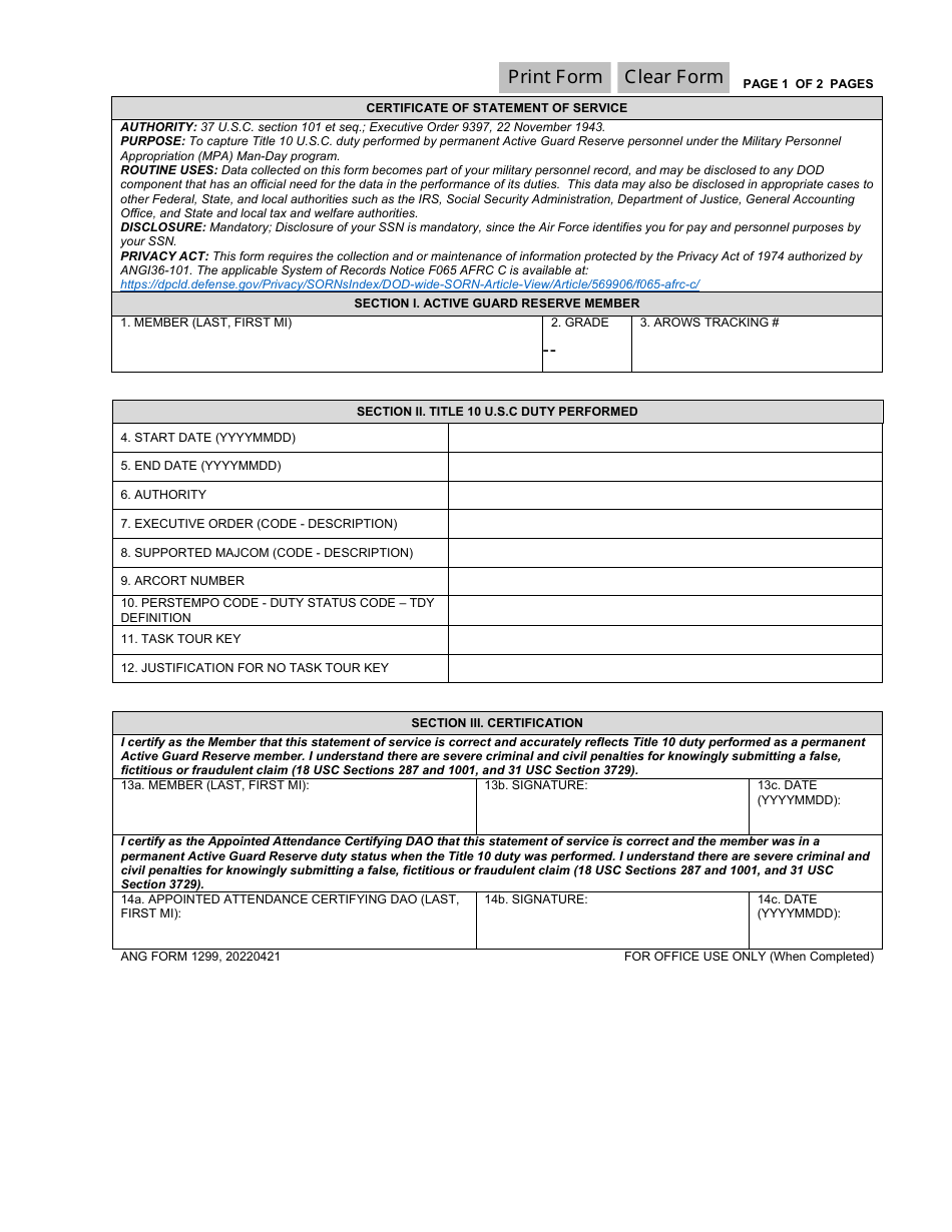 ANG Form 1299 Certificate of Statement of Service, Page 1
