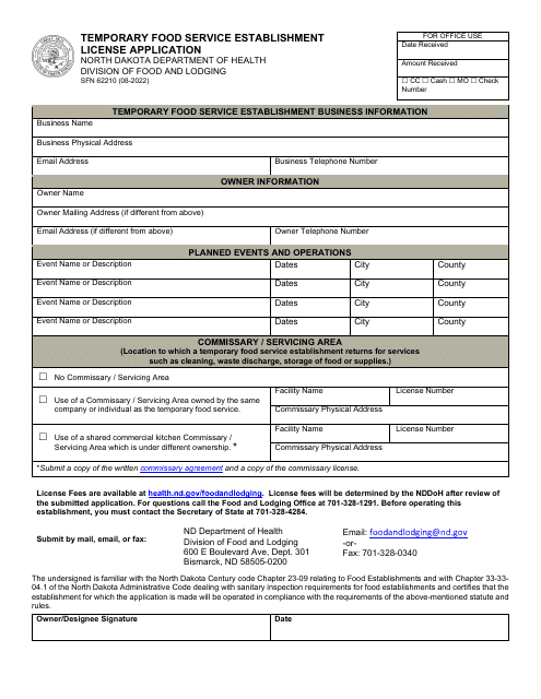 Form SFN62210 Temporary Food Service Establishment License Application - North Dakota