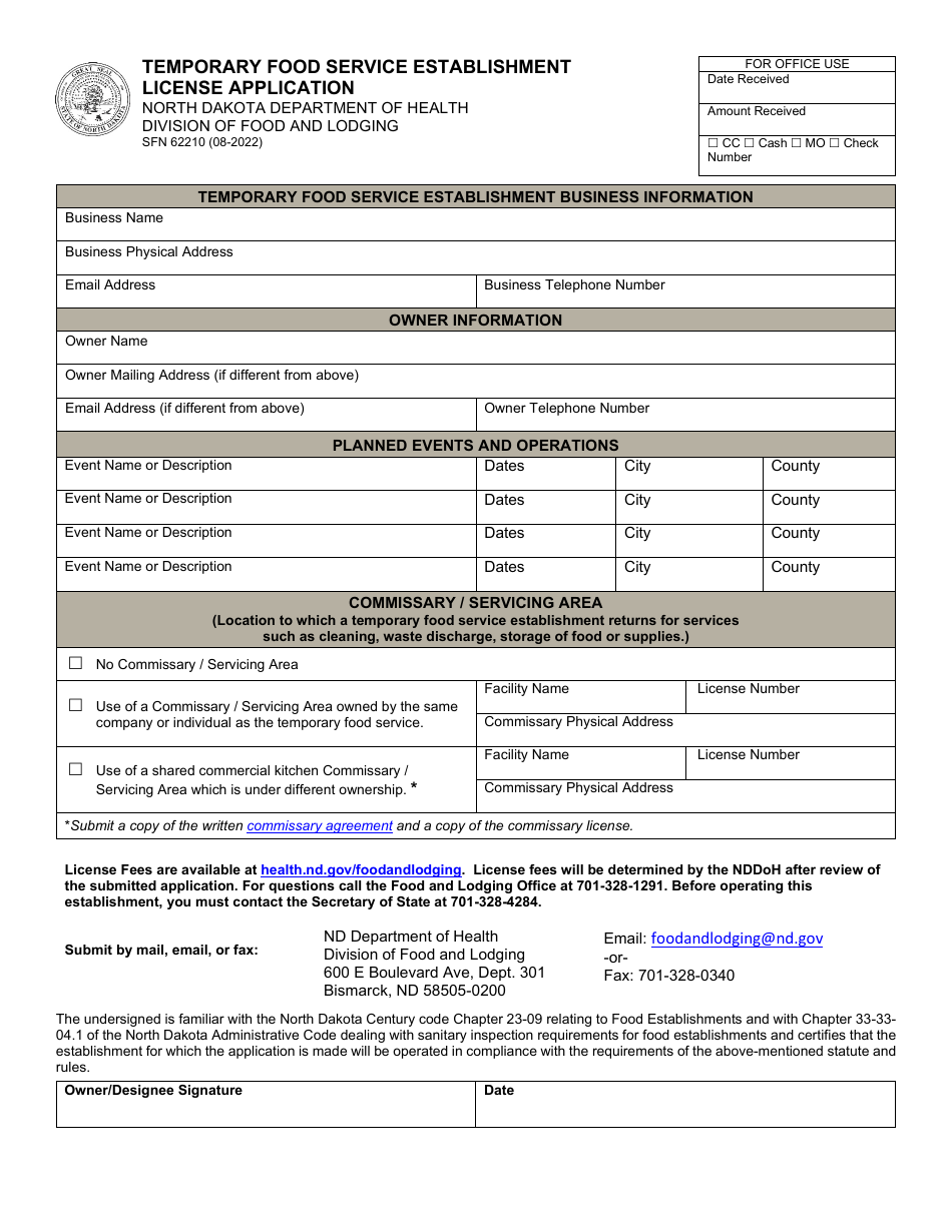 Form SFN62210 Temporary Food Service Establishment License Application - North Dakota, Page 1