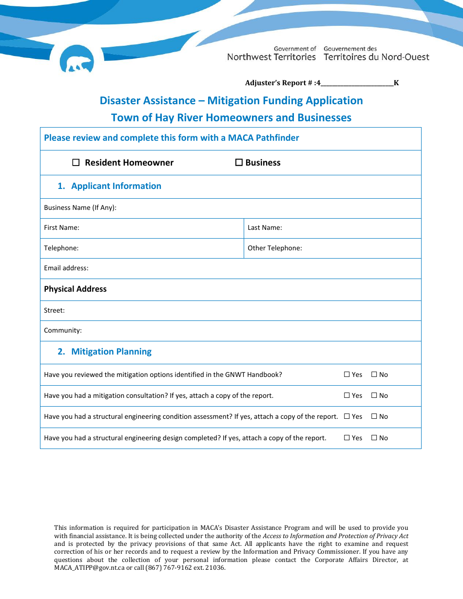 Disaster Assistance - Mitigation Funding Application - Town of Hay River Homeowners and Businesses - Northwest Territories, Canada, Page 1