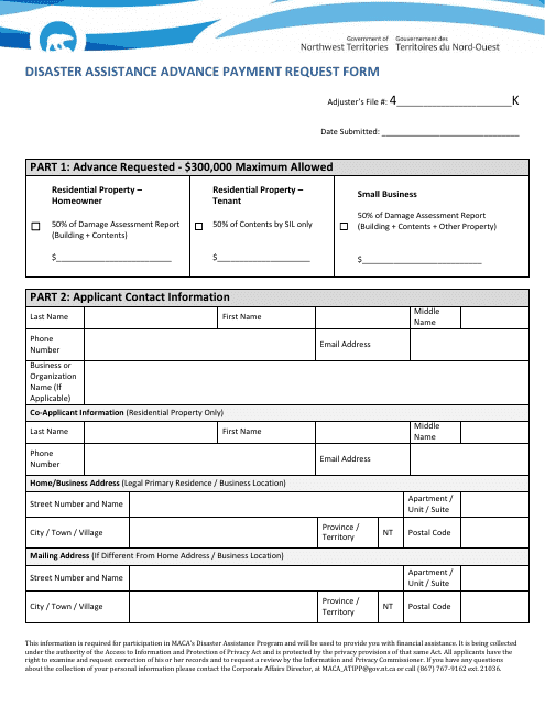Disaster Assistance Advance Payment Request Form - Northwest Territories, Canada