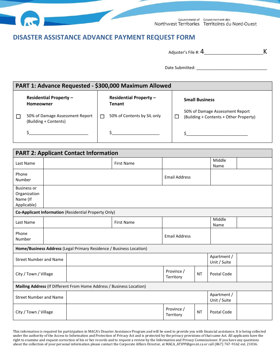 Disaster Assistance Advance Payment Request Form - Northwest Territories, Canada, Page 1