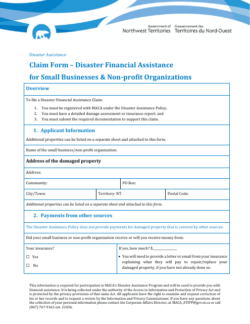 Claim Form - Disaster Financial Assistance for Small Businesses & Non-profit Organizations - Northwest Territories, Canada Download Pdf