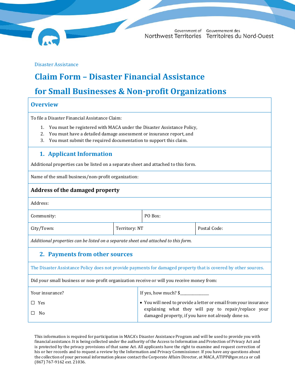 Claim Form - Disaster Financial Assistance for Small Businesses  Non-profit Organizations - Northwest Territories, Canada, Page 1
