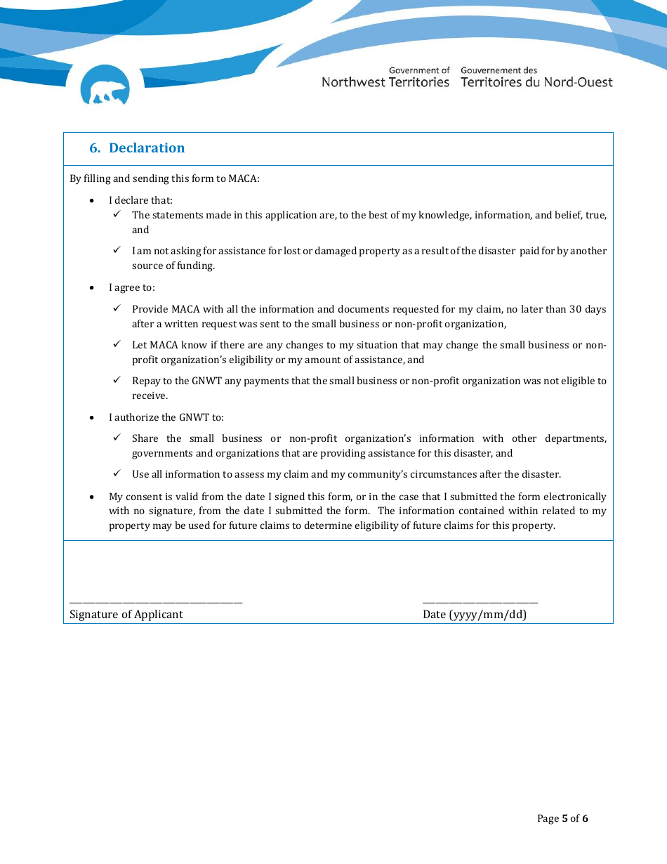 Claim Form - Disaster Financial Assistance for Small Businesses  Non-profit Organizations - Northwest Territories, Canada, Page 5