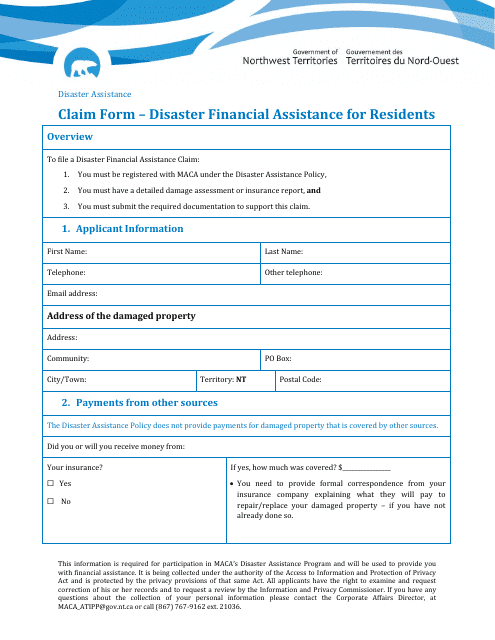 Claim Form - Disaster Financial Assistance for Residents - Northwest Territories, Canada Download Pdf