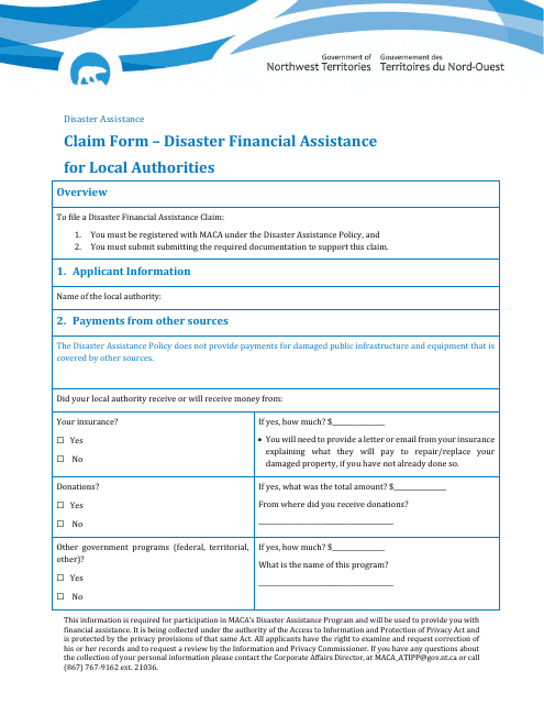 Claim Form - Disaster Financial Assistance for Local Authorities - Northwest Territories, Canada Download Pdf