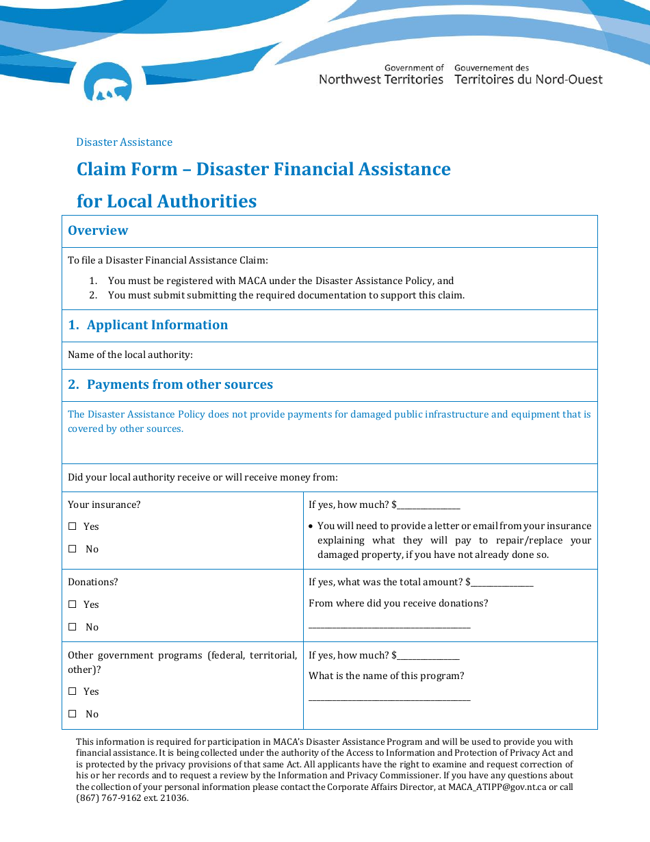Claim Form - Disaster Financial Assistance for Local Authorities - Northwest Territories, Canada, Page 1