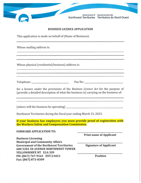 Business License Application - Northwest Territories, Canada Download Pdf
