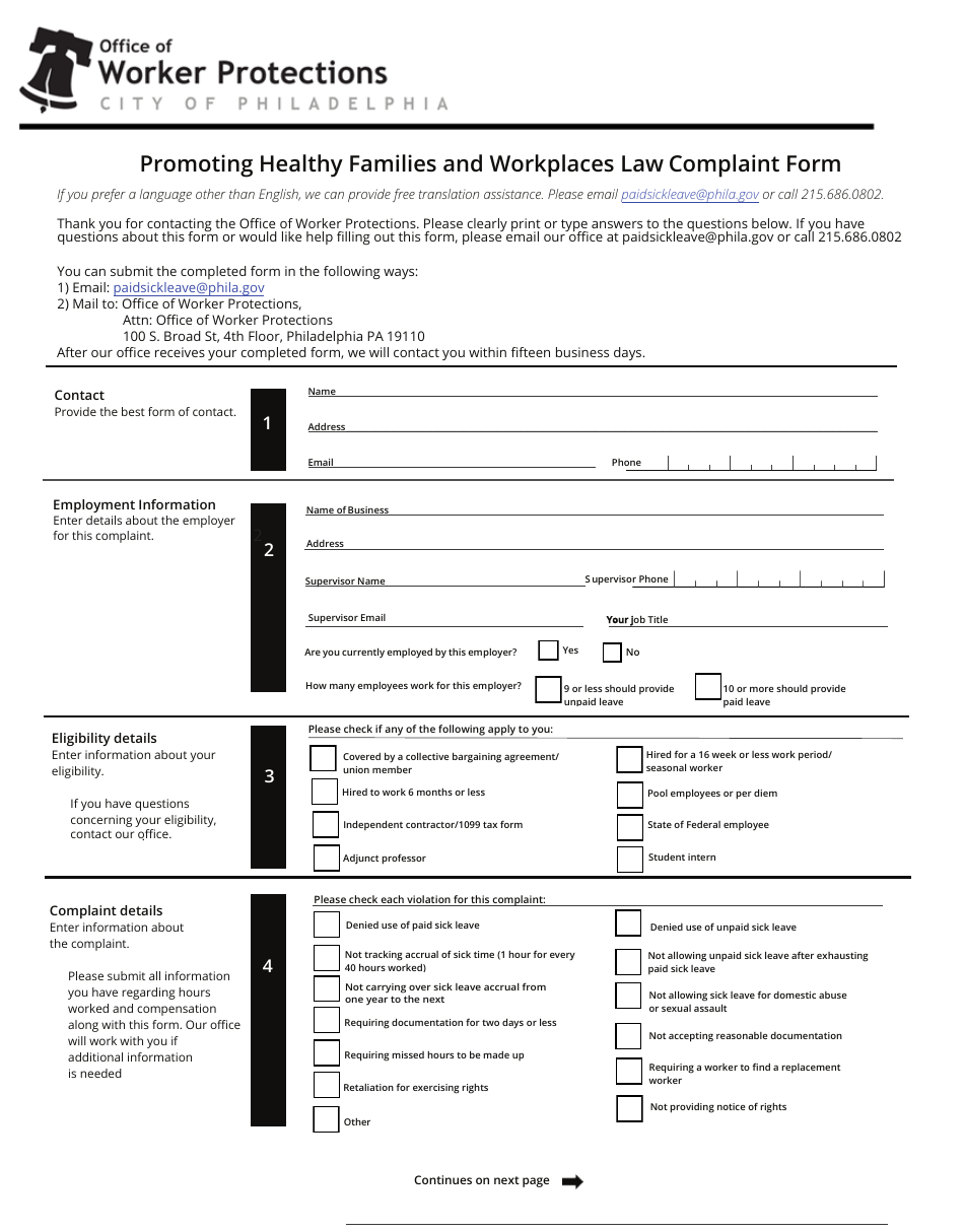 Promoting Healthy Families and Workplaces Law Complaint Form - City of Philadelphia, Pennsylvania, Page 1