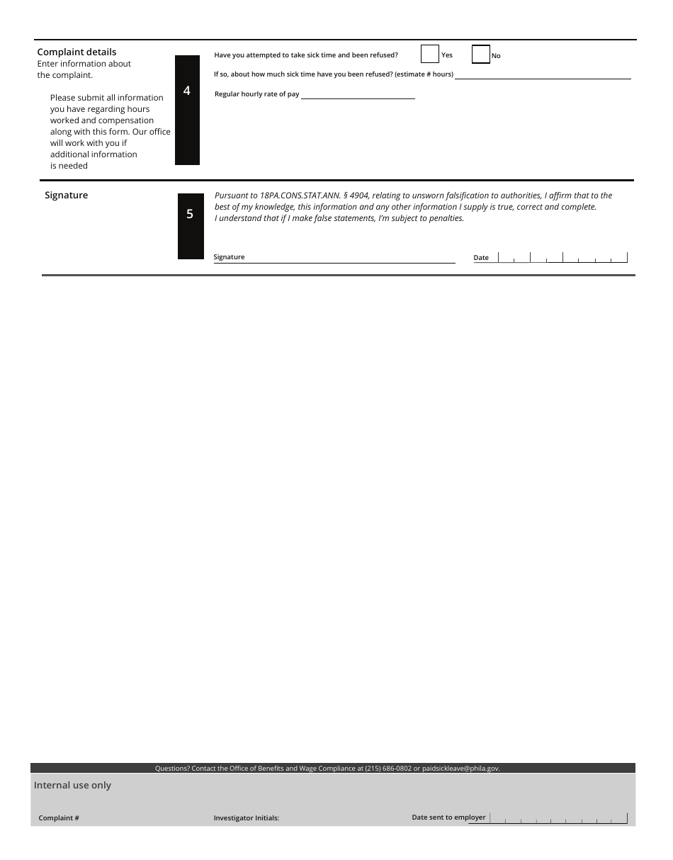 Promoting Healthy Families and Workplaces Law Complaint Form - City of Philadelphia, Pennsylvania, Page 2