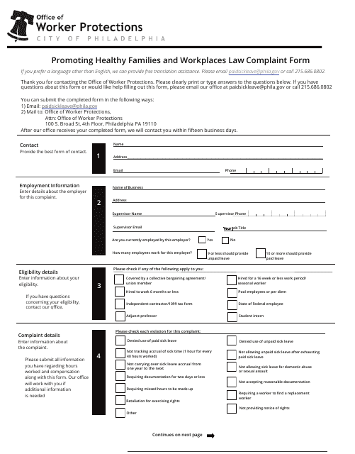 Promoting Healthy Families and Workplaces Law Complaint Form - City of Philadelphia, Pennsylvania Download Pdf
