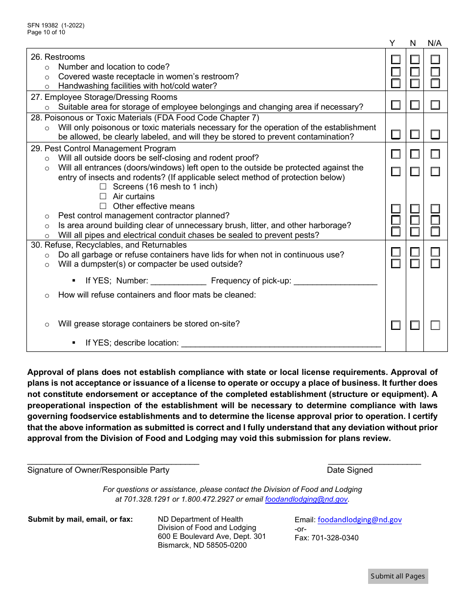 Form SFN19382 Food Establishment License Application - North Dakota, Page 10