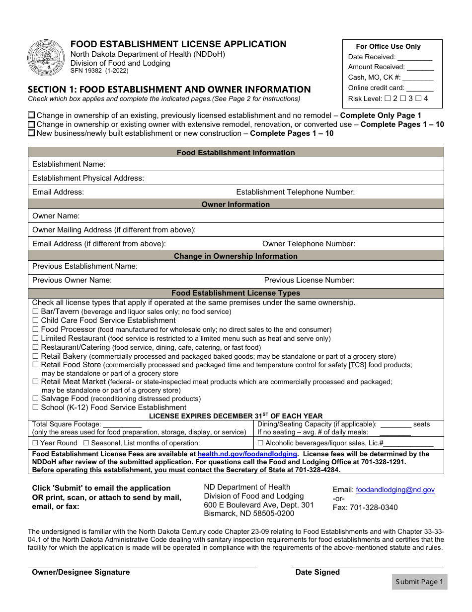 Form SFN19382 Food Establishment License Application - North Dakota, Page 1