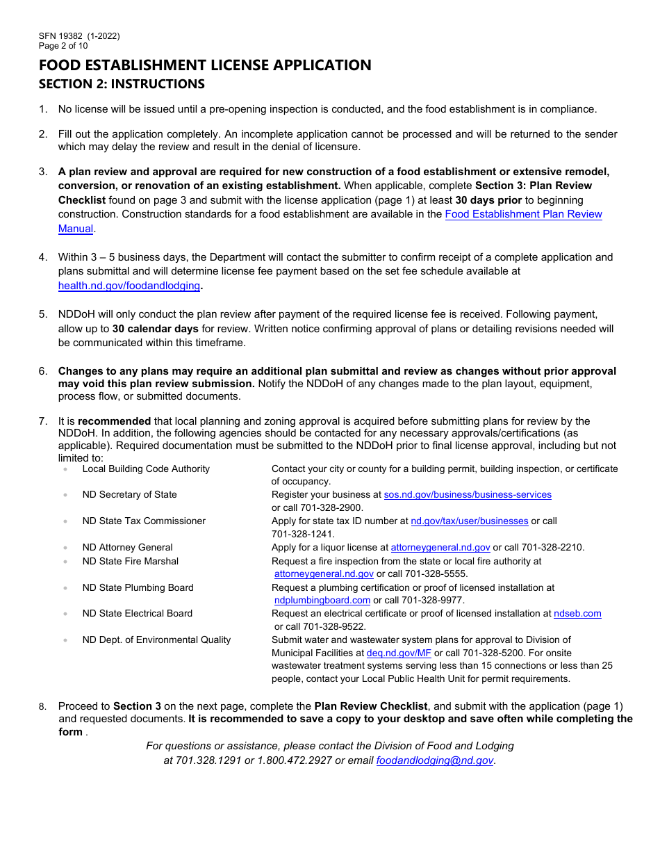 Form SFN19382 Food Establishment License Application - North Dakota, Page 2