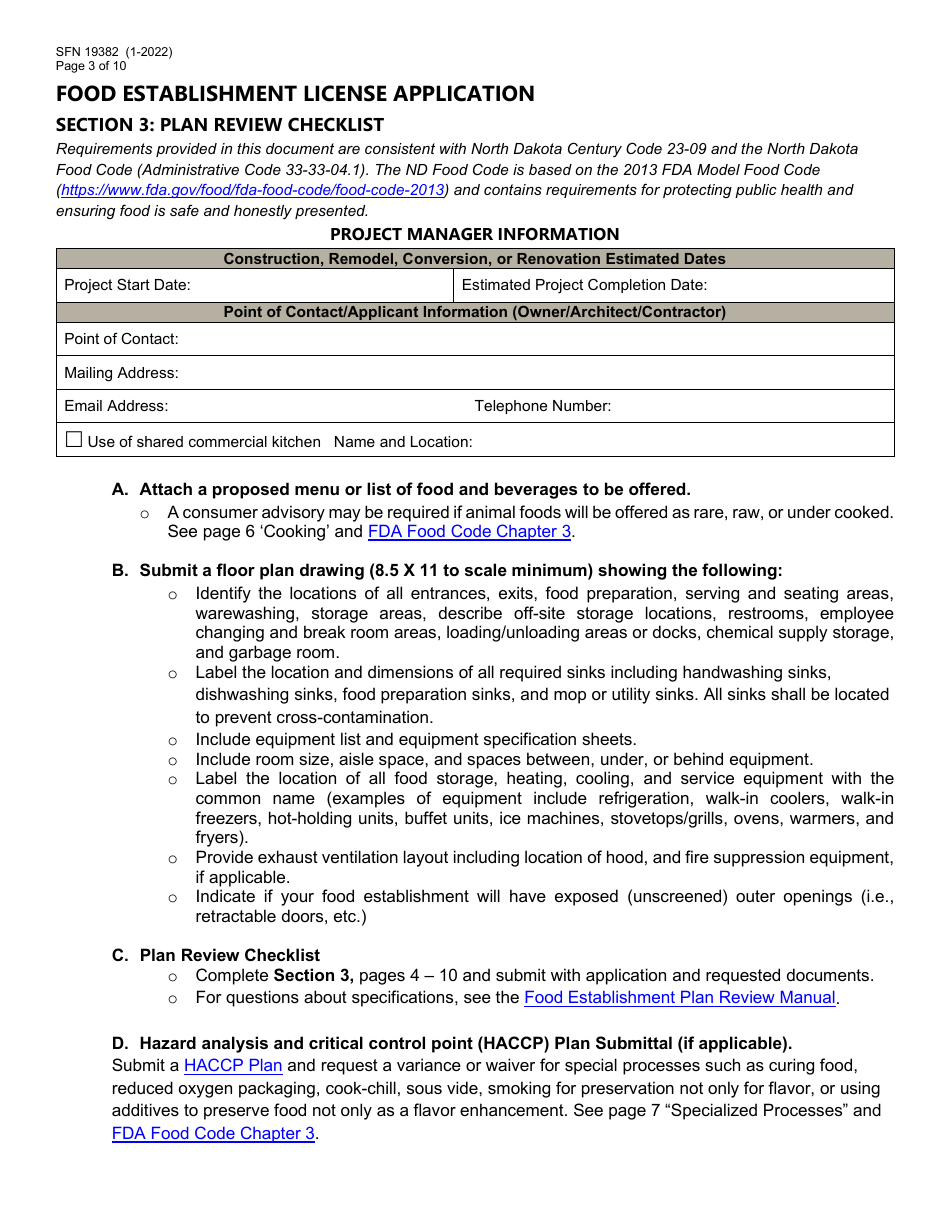 Form SFN19382 Food Establishment License Application - North Dakota, Page 3