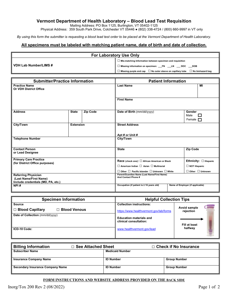 Form Inorg/Tox200 Download Fillable PDF or Fill Online Blood Lead Test ...