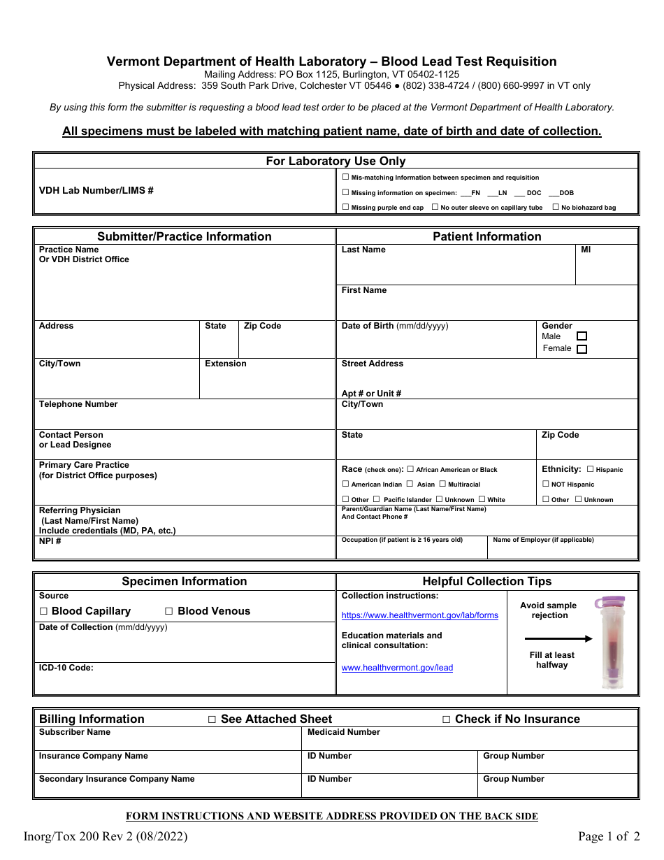 Form Inorg / Tox200 Blood Lead Test Requisition - Vermont, Page 1