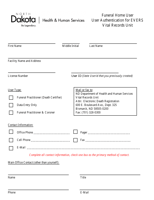 Funeral Home User Authentication for Evers Vital Records Unit - North Dakota Download Pdf