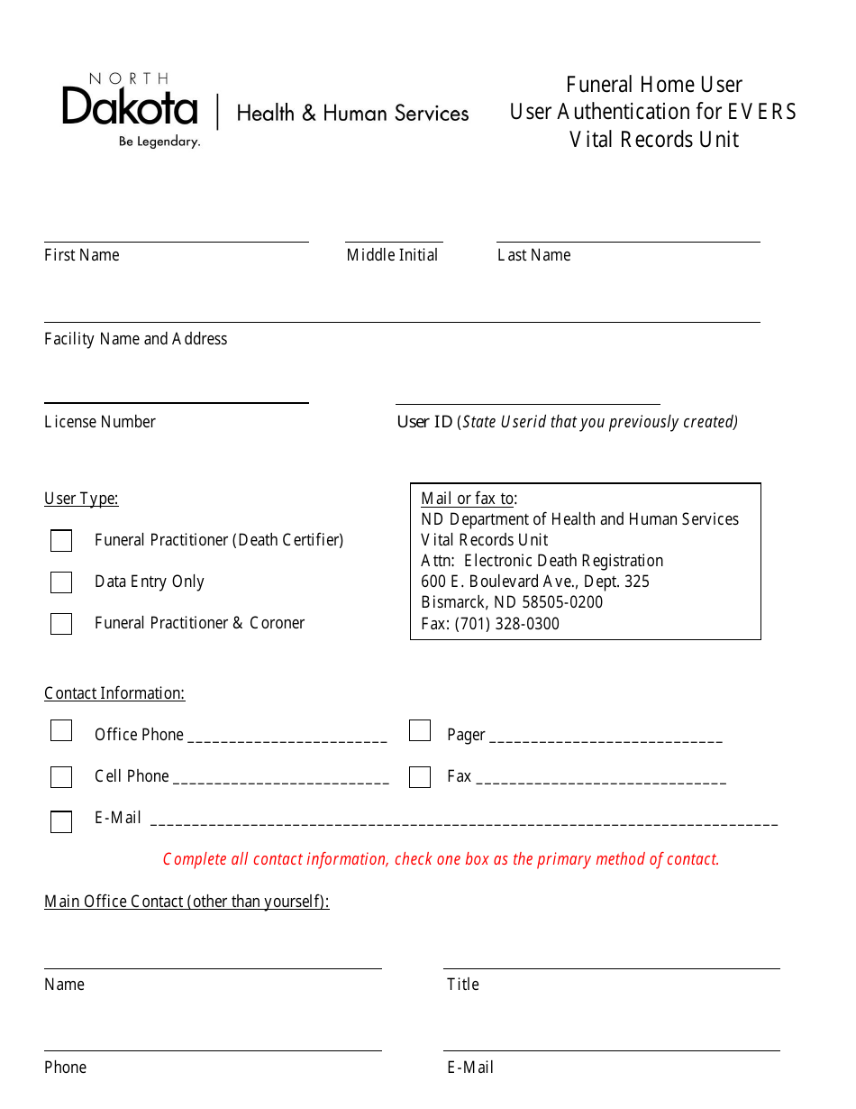 North Dakota Funeral Home User Authentication for Evers Vital Records