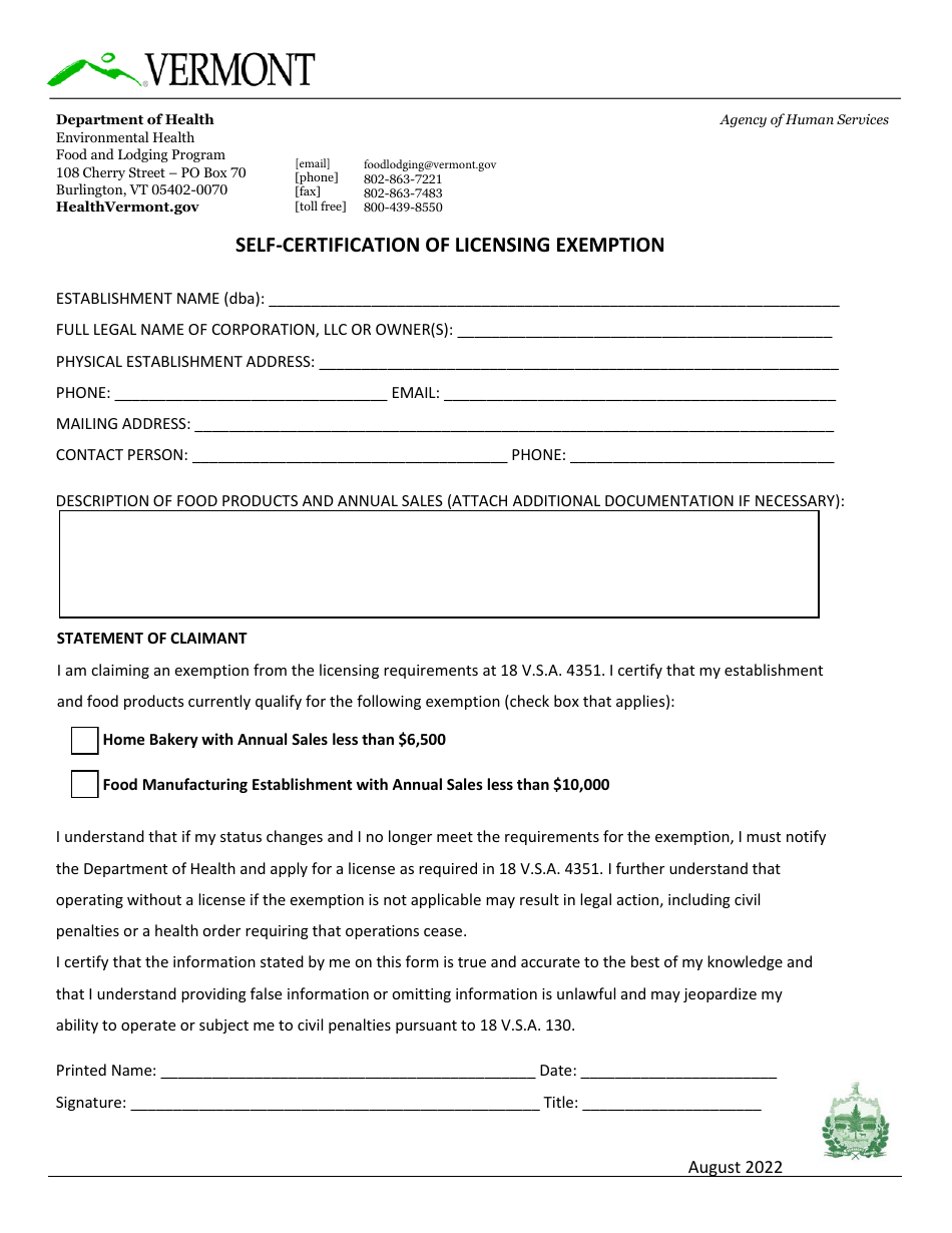 Self-certification of Licensing Exemption - Vermont, Page 2