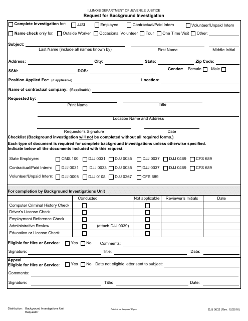 Form DJJ0032 Request for Background Investigation - Illinois