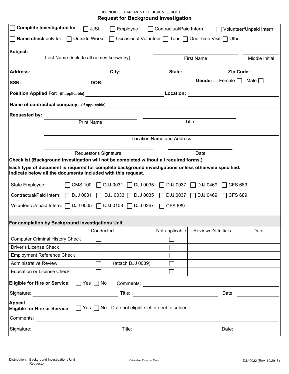 Form DJJ0032 Request for Background Investigation - Illinois, Page 1