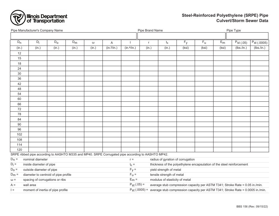 Form BBS156 Steel-Reinforced Polyethylene (Srpe) Pipe Culvert / Storm Sewer Data - Illinois, Page 1