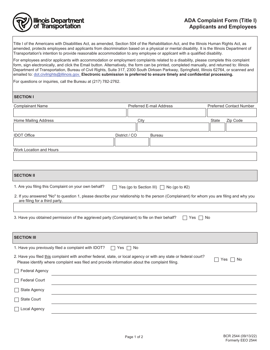 Form BCR2544 Ada Complaint Form (Title I) Applicants and Employees - Illinois, Page 1