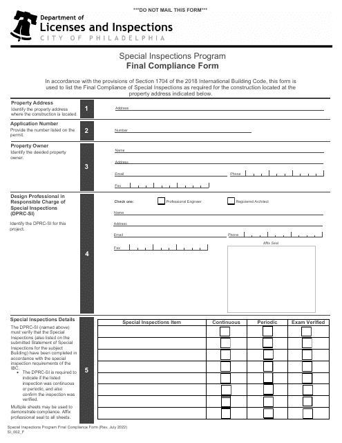 Form SI_002_F Final Compliance Form - Special Inspections Program - City of Philadelphia, Pennsylvania
