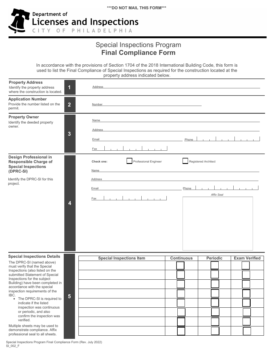 Form SI_002_F Final Compliance Form - Special Inspections Program - City of Philadelphia, Pennsylvania, Page 1