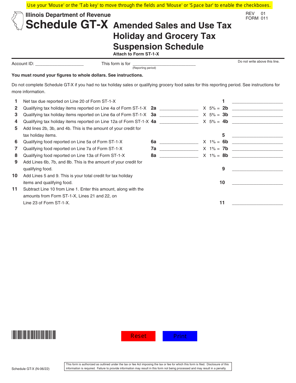 Form 011 Schedule GT-X Amended Sales and Use Tax Holiday and Grocery Tax Suspension Schedule - Illinois, Page 1