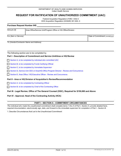 Form IHS-975 Request for Ratification of Unauthorized Commitment (Uac)