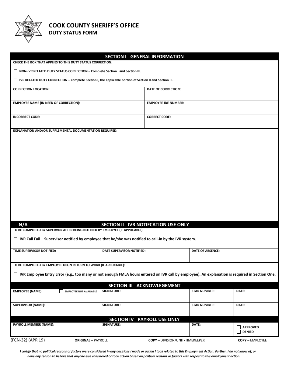 Form FCN-32 Duty Status Form - Cook County, Illinois, Page 1
