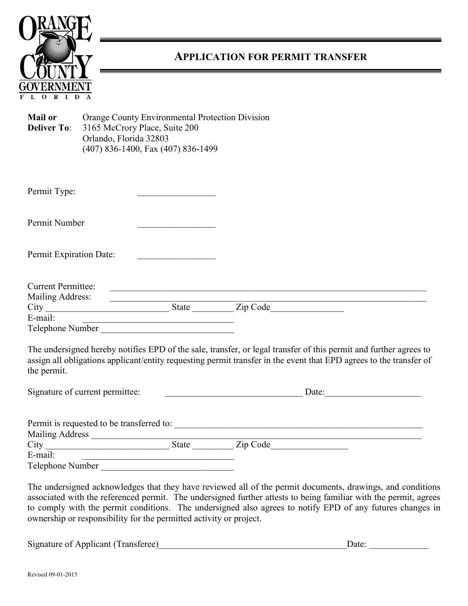 Application for Permit Transfer - Orange County, Florida, Page 1