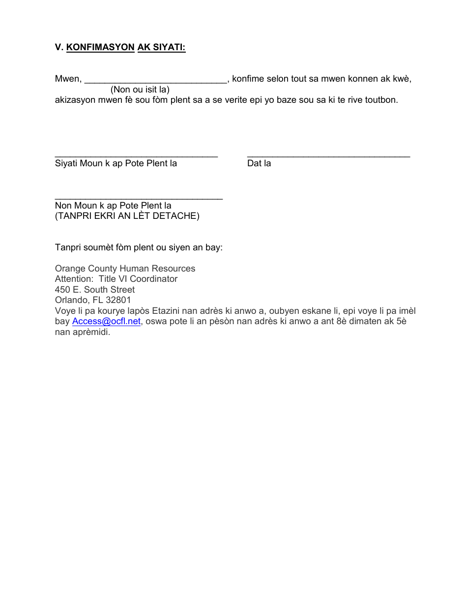 Title VI Discrimination Complaint Form - Orange County, Florida (Haitian Creole), Page 4