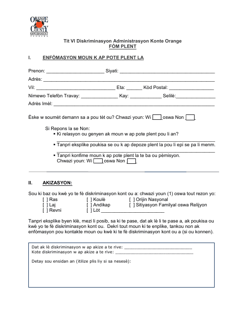 Title VI Discrimination Complaint Form - Orange County, Florida (Haitian Creole) Download Pdf