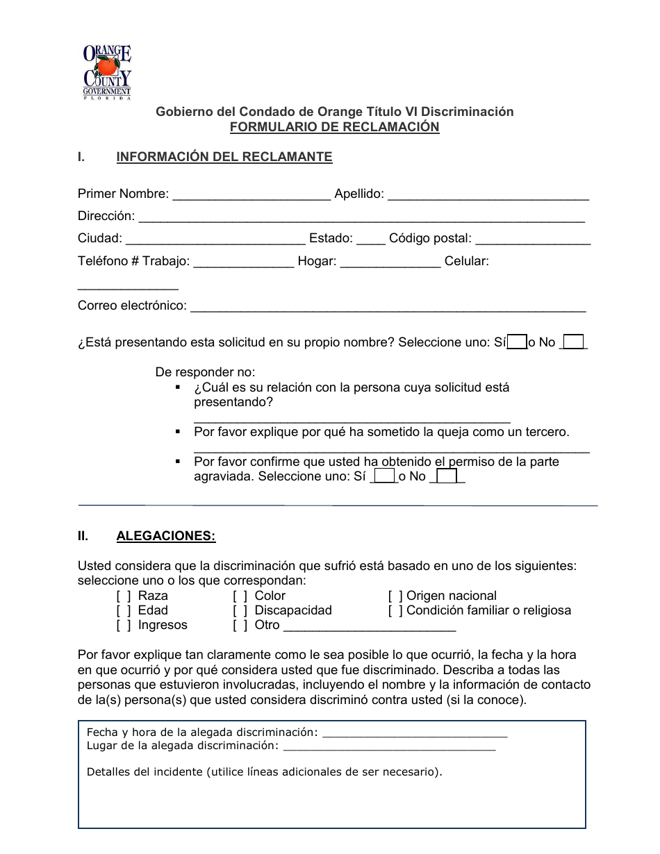 Titulo VI Discriminacion Formulario De Reclamacion - Orange County, Florida (Spanish), Page 1