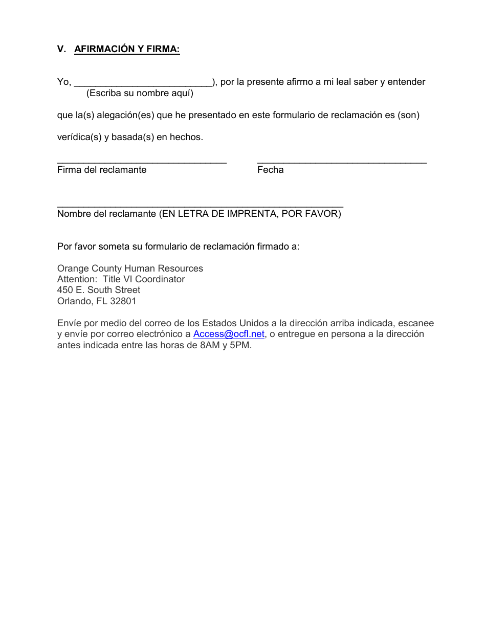 Titulo VI Discriminacion Formulario De Reclamacion - Orange County, Florida (Spanish), Page 4