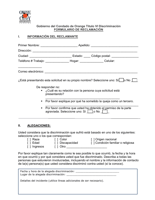 Titulo VI Discriminacion Formulario De Reclamacion - Orange County, Florida (Spanish) Download Pdf