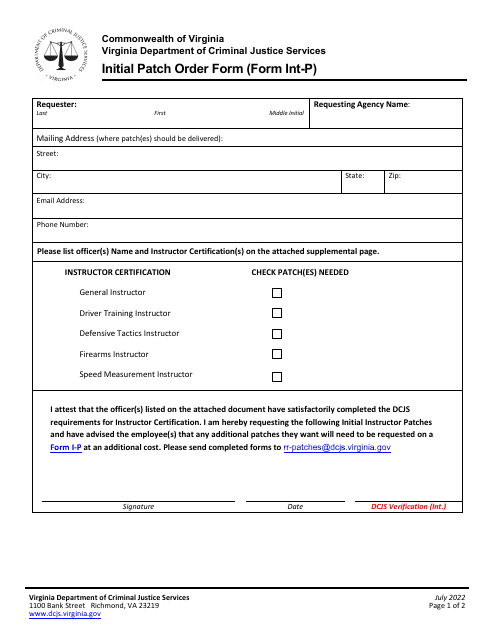Form INT-P Initial Patch Order Form - Virginia