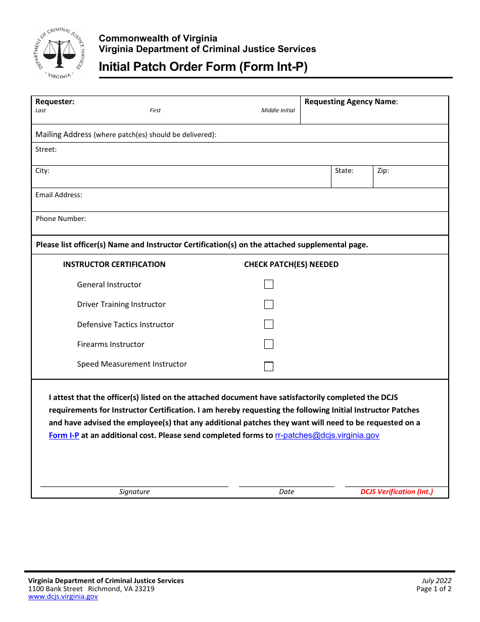 Form INT-P Initial Patch Order Form - Virginia, Page 1