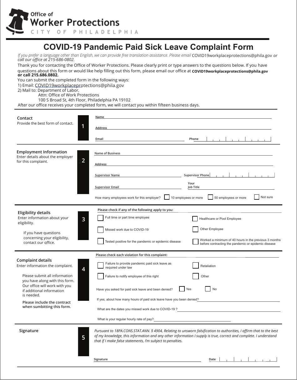 Covid-19 Pandemic Paid Sick Leave Complaint Form - City of Philadelphia, Pennsylvania, Page 1