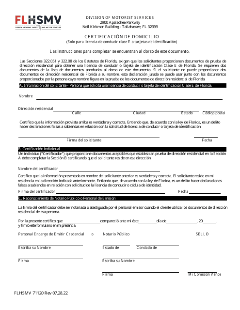 Form FLHSMV71120 Certificacion De Domicilio (Solo Para Licencia De Conducir Clase E O Tarjetas De Identificacion) - Florida (English/Spanish)