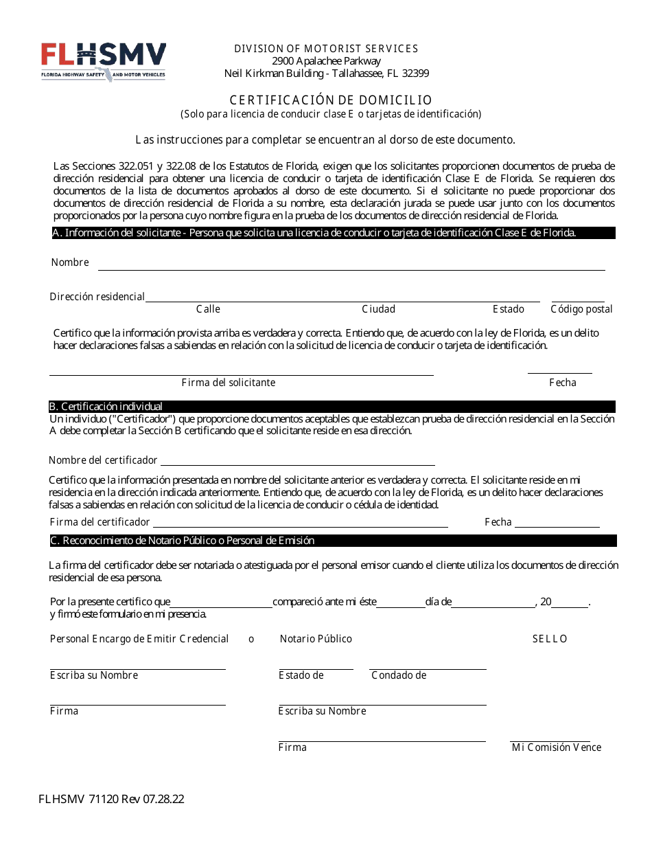 Form FLHSMV71120 Certificacion De Domicilio (Solo Para Licencia De Conducir Clase E O Tarjetas De Identificacion) - Florida (English / Spanish), Page 1