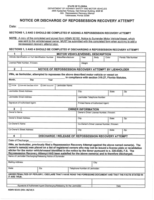 Form HSMV82191 Notice or Discharge of Repossession Recovery Attempt - Florida