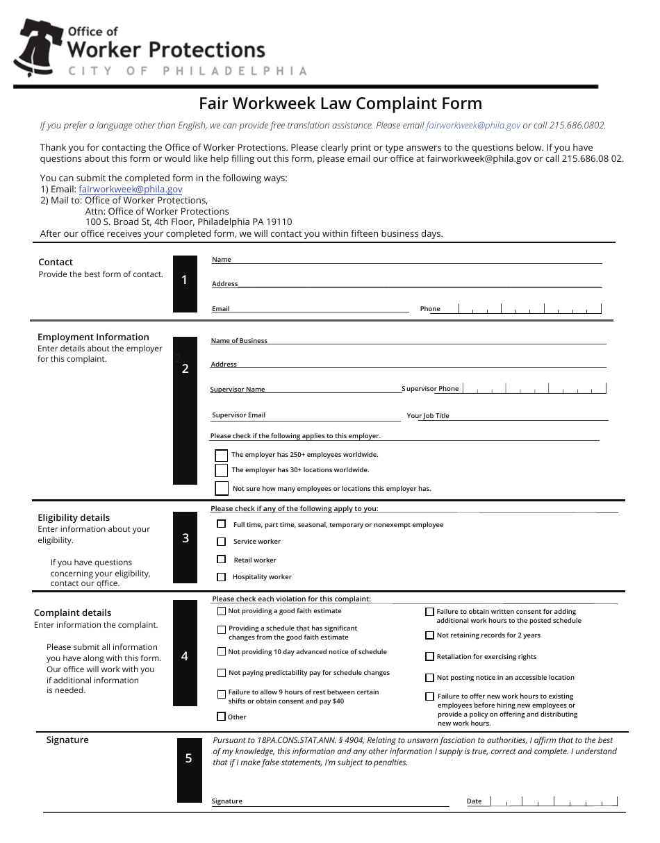 Fair Workweek Law Complaint Form - City of Philadelphia, Pennsylvania, Page 1