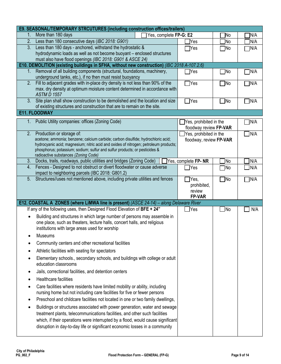Form PG_002_F Flood Protection Form - General (Fp-G) - City of Philadelphia, Pennsylvania, Page 9
